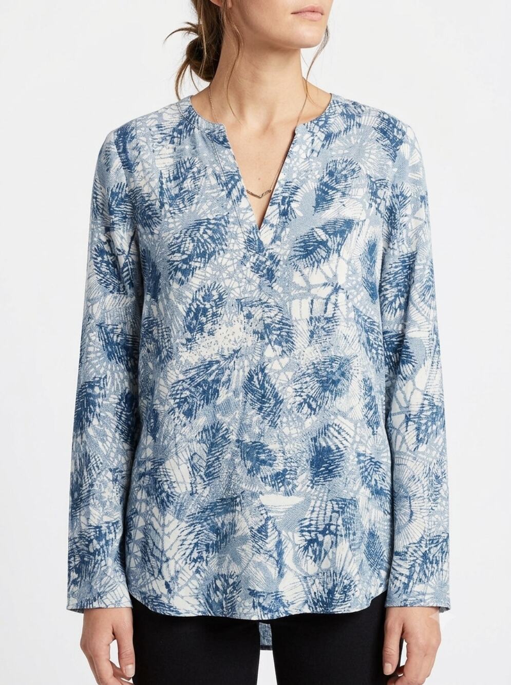 Tory Burch Tunic Top Womens 4 Blue White Palm Baltic Sea Dream Catcher Burnout